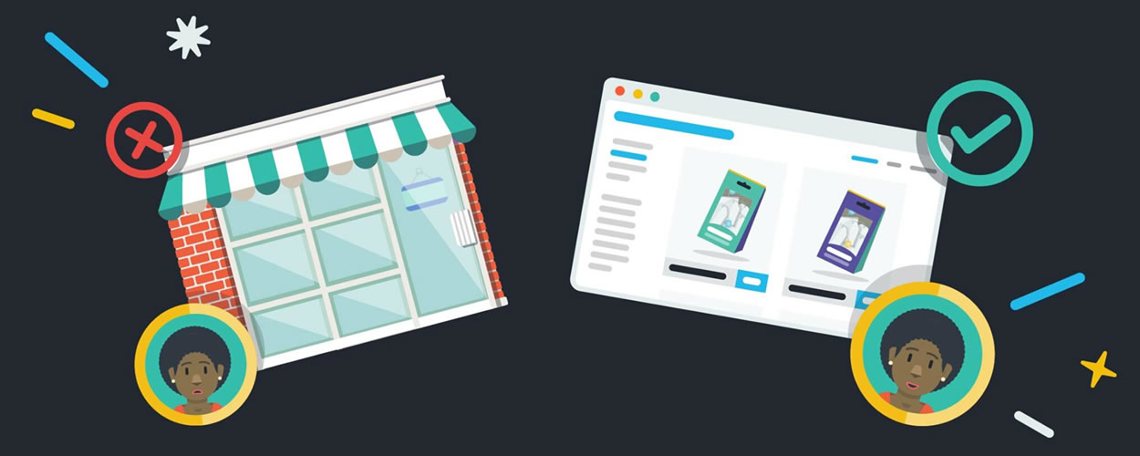 Illustration of an empty physical shop next to an online store