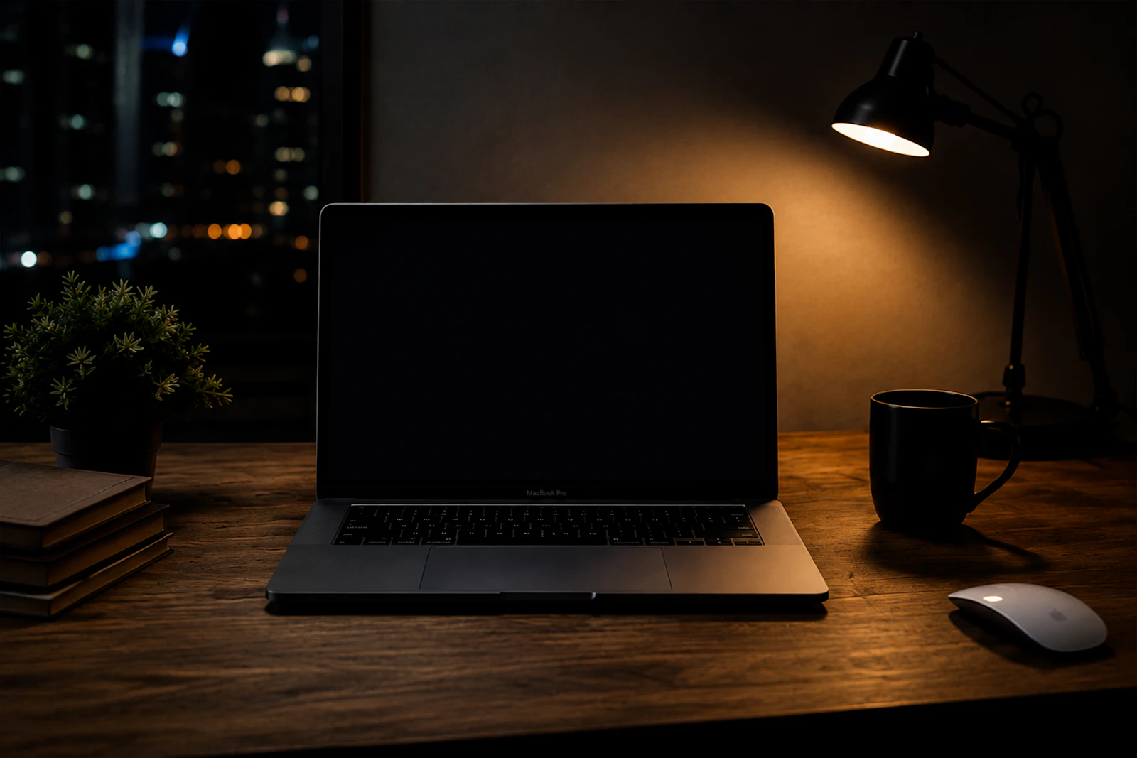 A desk at night with a laptop, a lamp and the city lights beyond