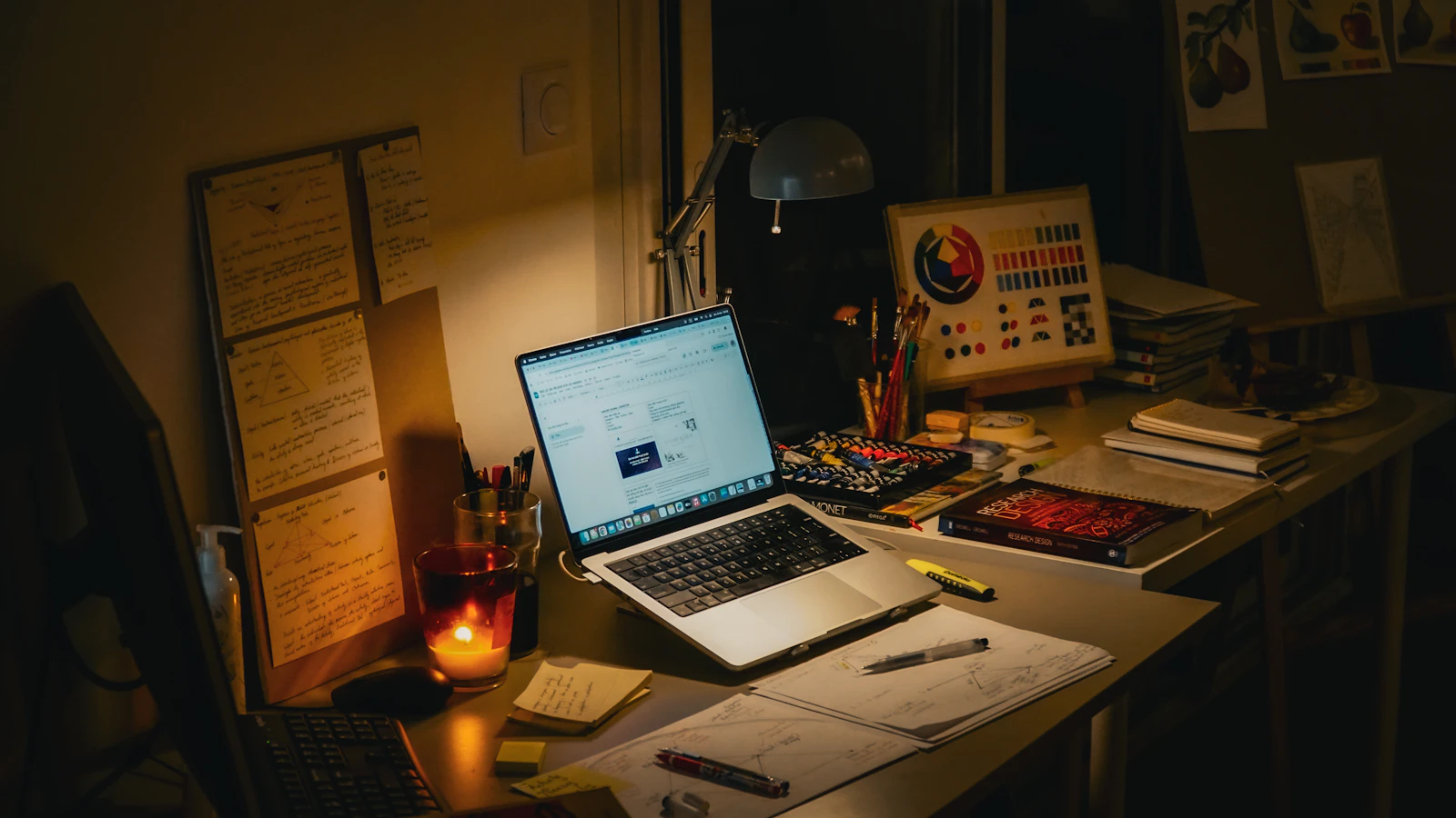 A desk at night with a laptop, books and a lit candle